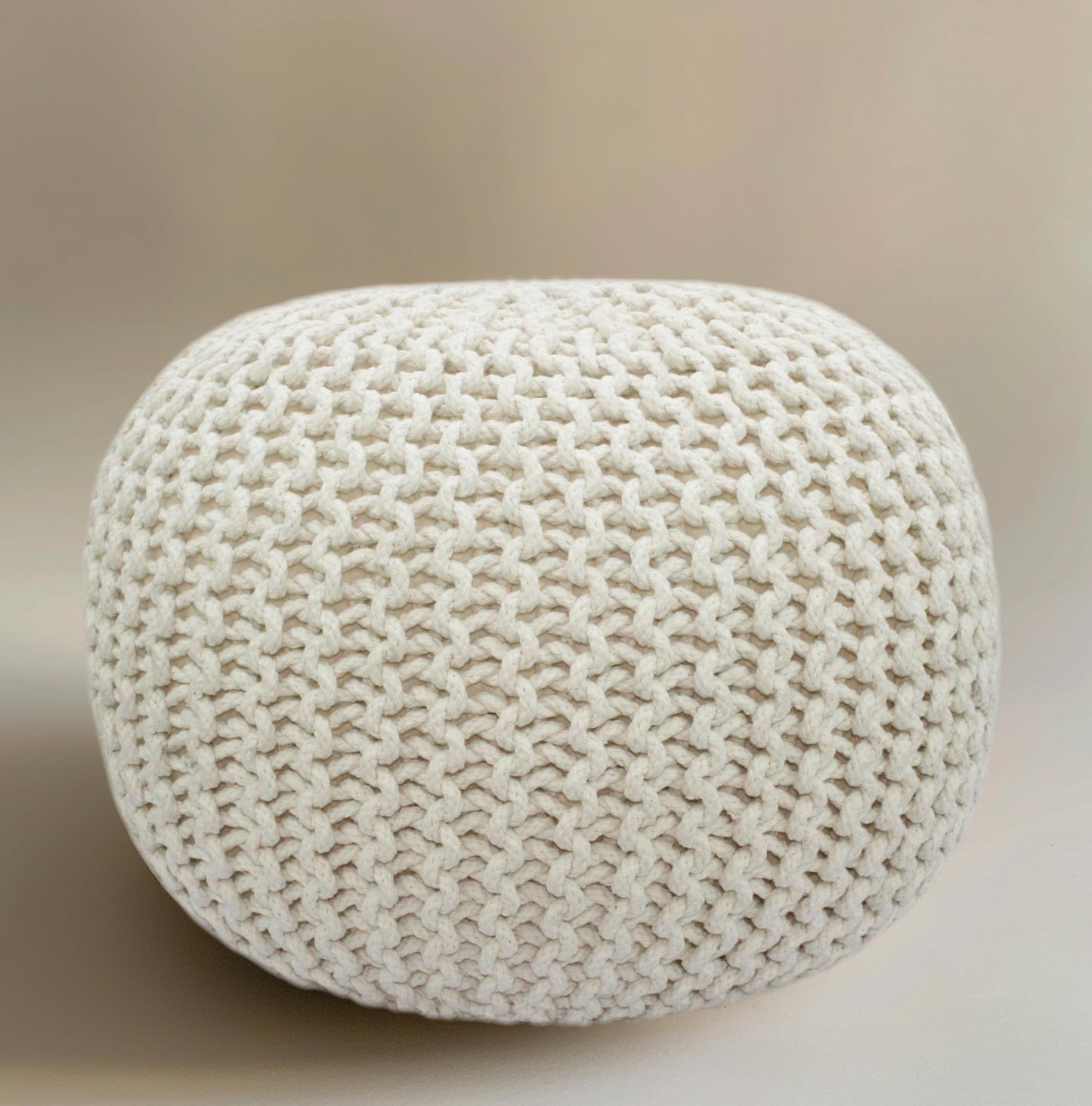 Hand-Knitted Cotton Round Pouf – Braid Cord Ottoman, Footrest, and Accent Seat for Living Room, Nursery, Kids Room, or Dorm Décor – 20x14