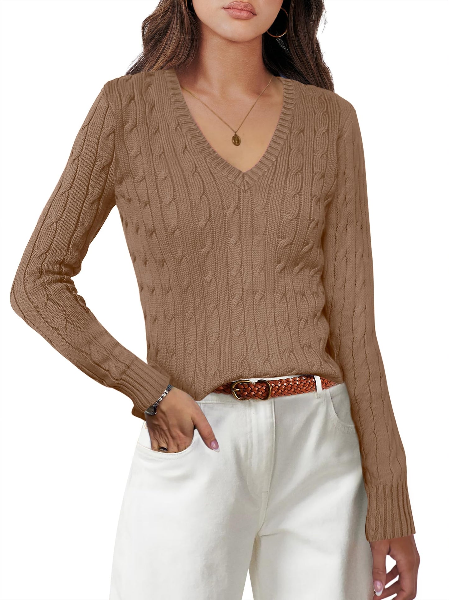 Women's Long Sleeve V Neck Cable Knit Sweater Jumper