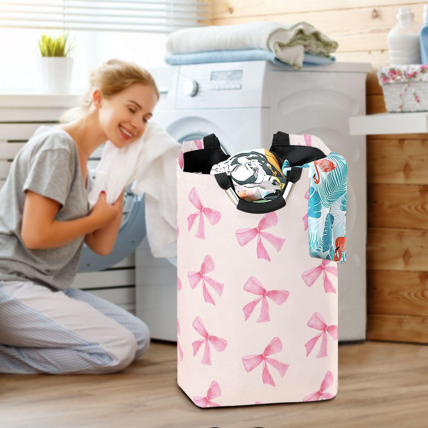 Pink Bow Large Laundry Hamper with Handle, Foldable Clothes Hamper Collapsible Storage Basket