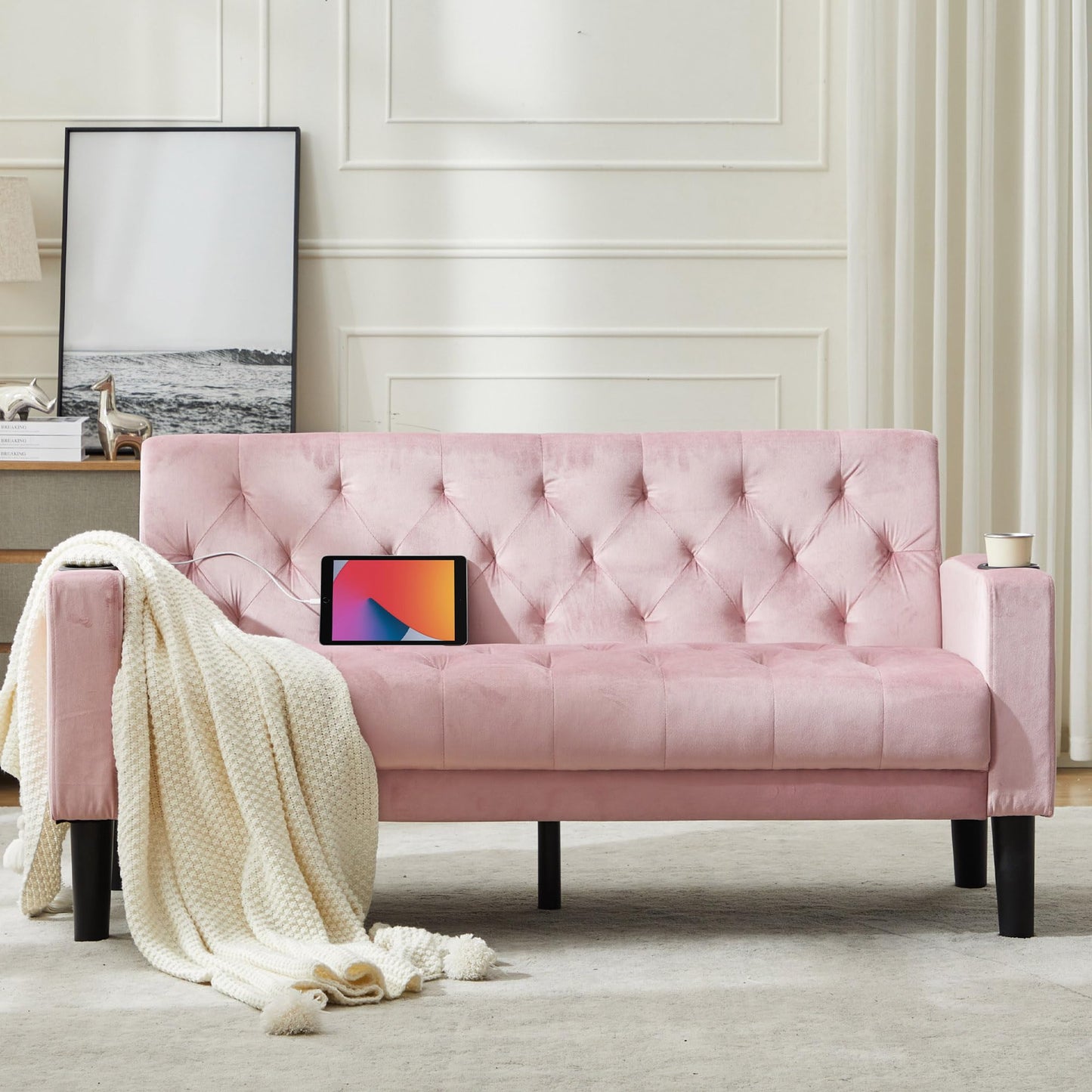 Loveseat Sofa w/ 2 USB Charger Ports and 2 Cupholders, Mid-Century Modern Tufted Pink Velvet