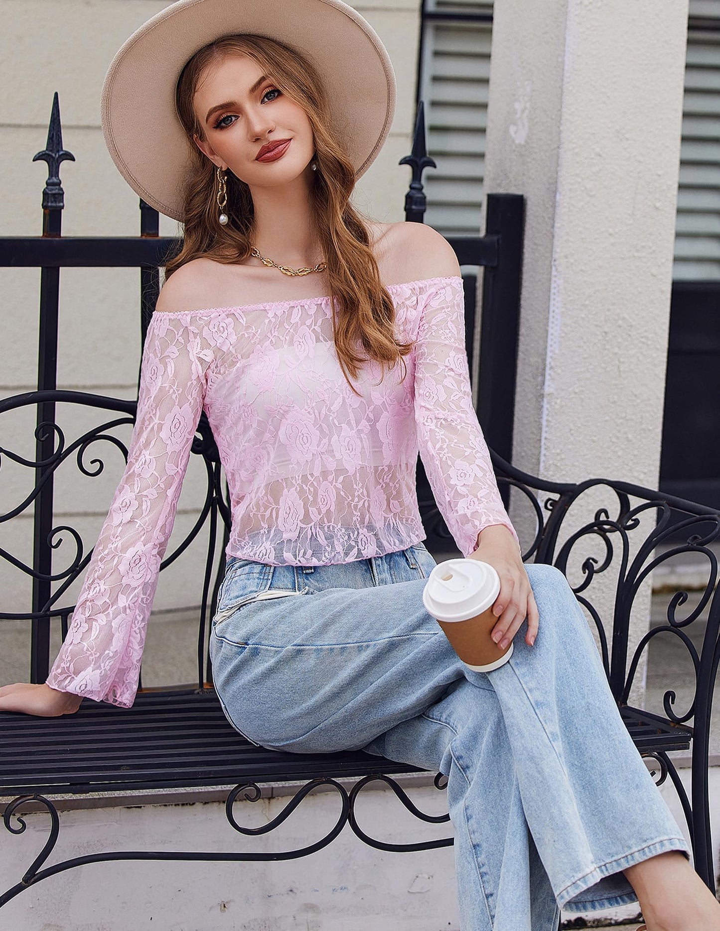 Lace Long Sleeve Y2k Off The Shoulder Tops Sexy Sheer Bell Tops