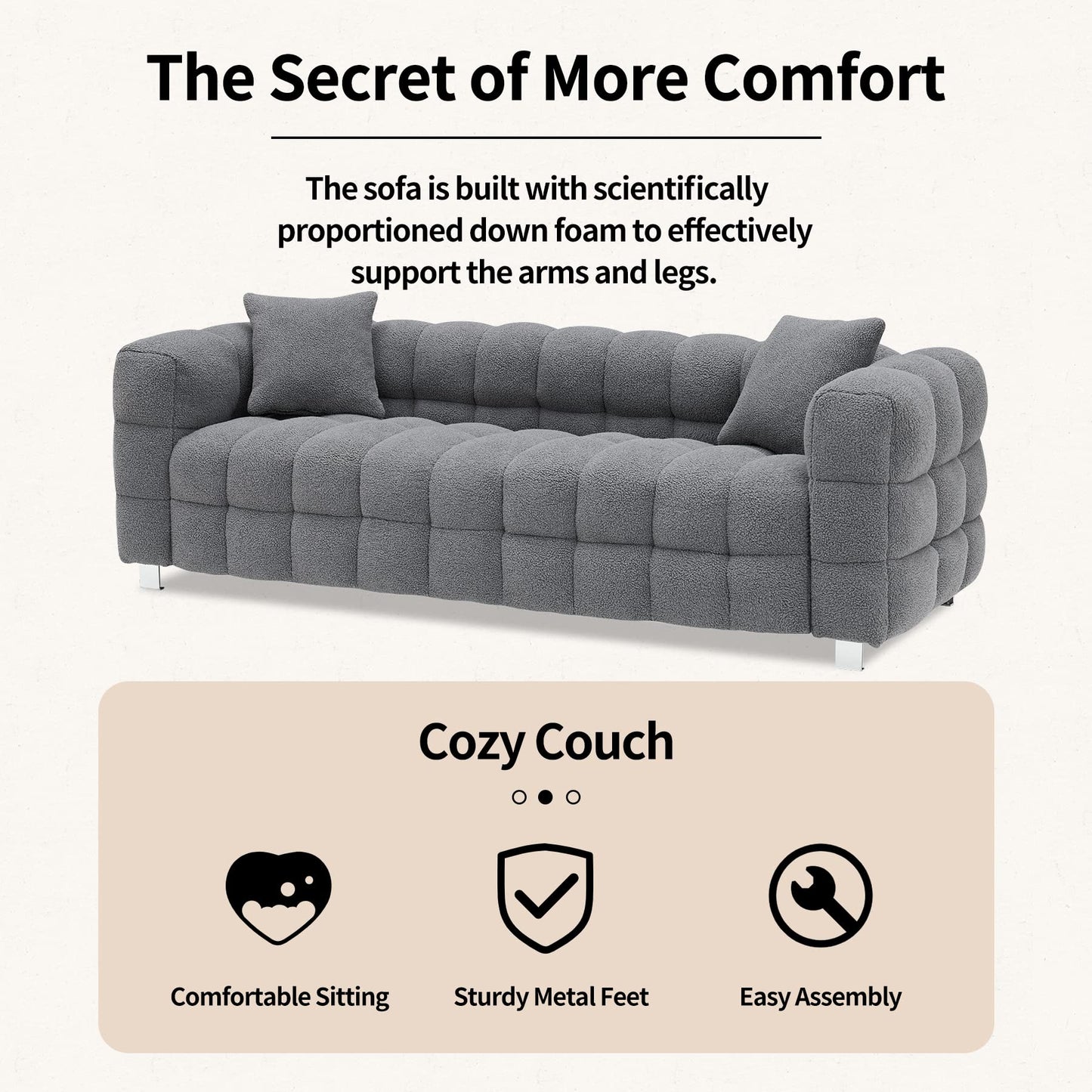 Modern Sofa Couch with Metal Legs Upholstered Tufted 3 Seater Couch with 2 Pillows Decor