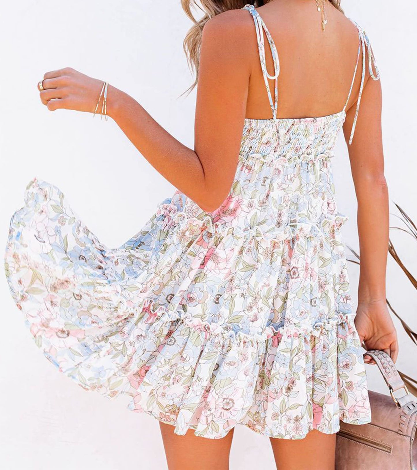 Womens Summer Floral Mini Dress Boho Flowy Skater Dresses Short Sleeveless Ruffle Spaghetti Strap Dress