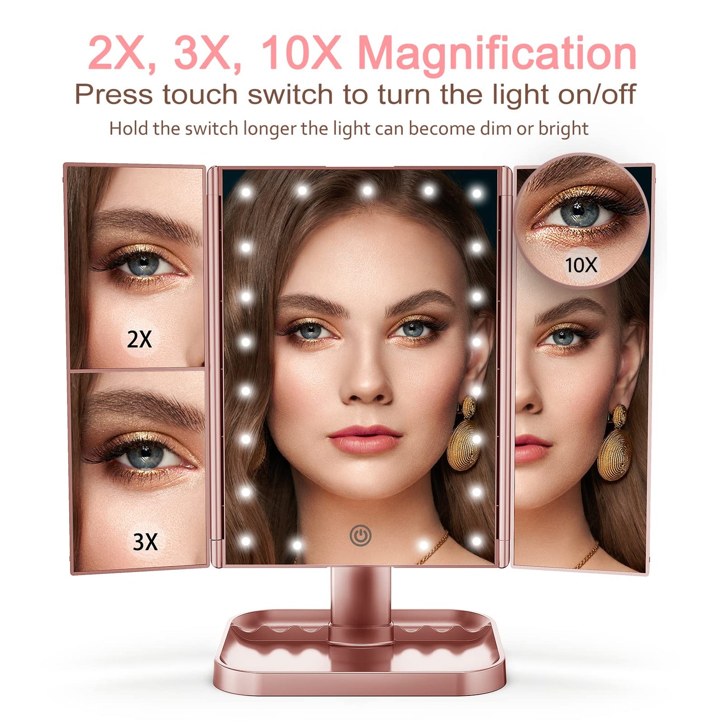 Makeup Mirror Vanity with Lights, 2X 3X 10X Magnification, Lighted Mirror, Touch Control, Trifold Dual Power Supply, Portable LED