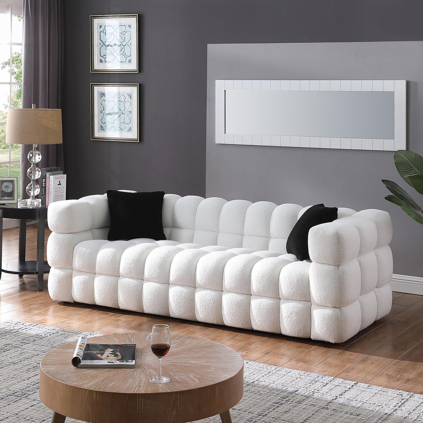 Modern Sofa Couch with Metal Legs Upholstered Tufted 3 Seater Couch with 2 Pillows Decor