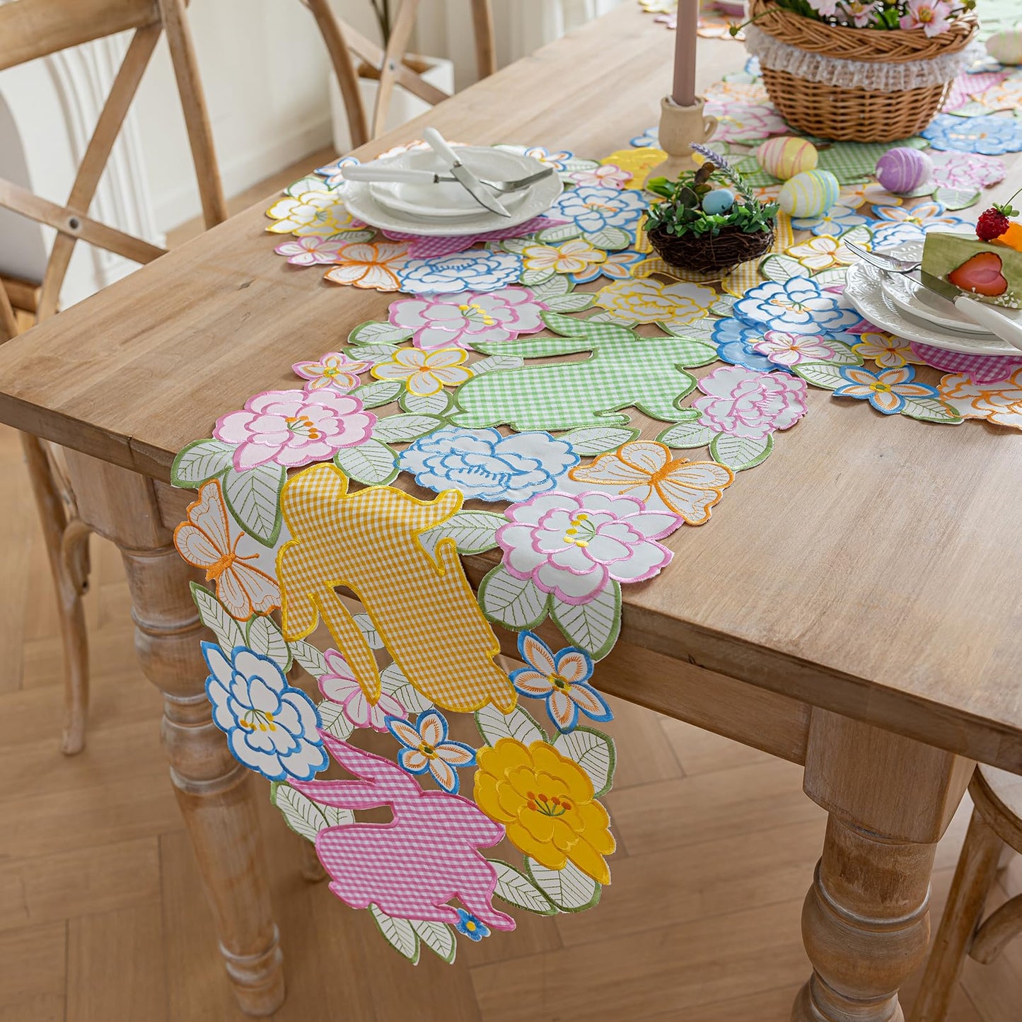 Cutwork Embroidered Plaid Easter Rabbits Florals Table Runners, Placements Dining Home Table Decorations