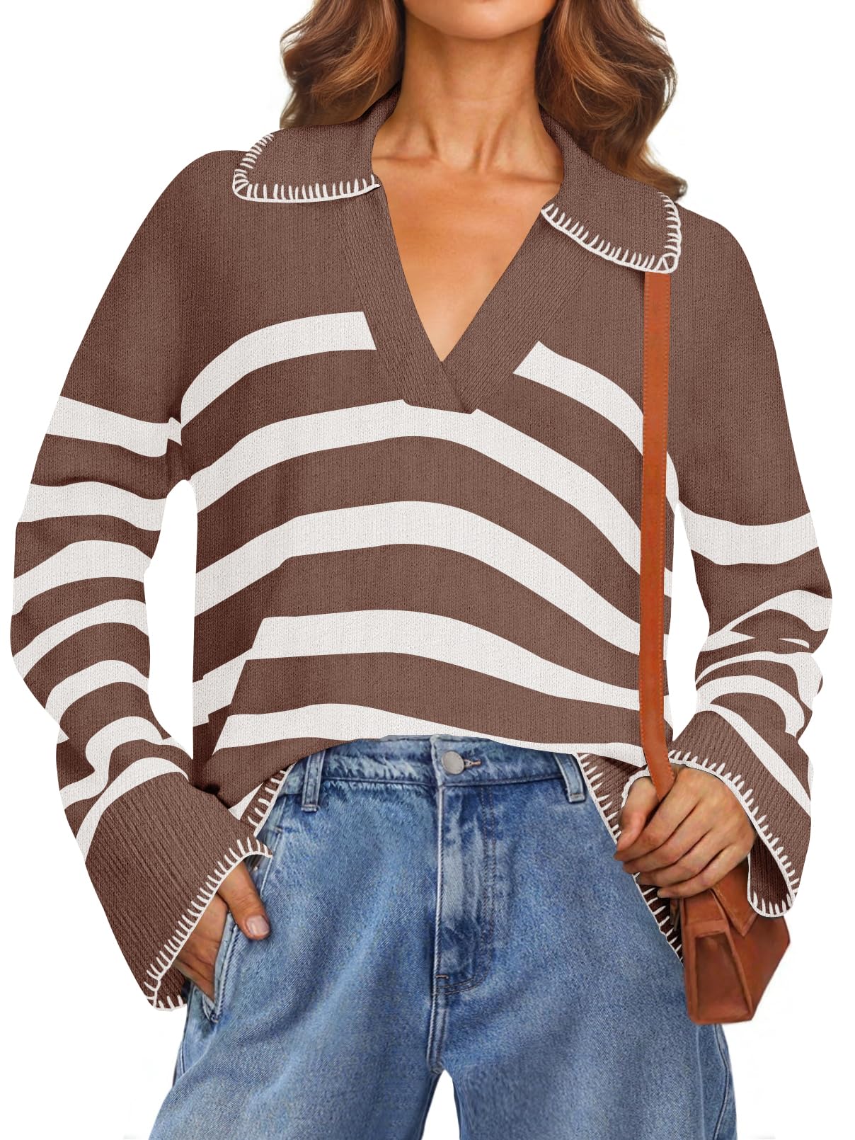 Women's Oversized Striped Sweater Collared V Neck Long Sleeve Knit Pullover