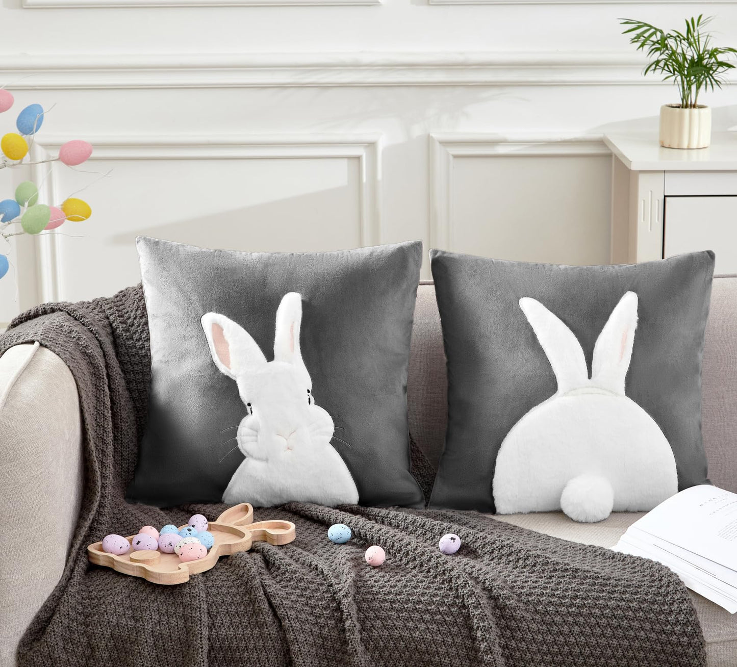 Embroidered 3D Bunny Rabbit Throw Pillowcase Velvet Spring Easter Pillow Covers