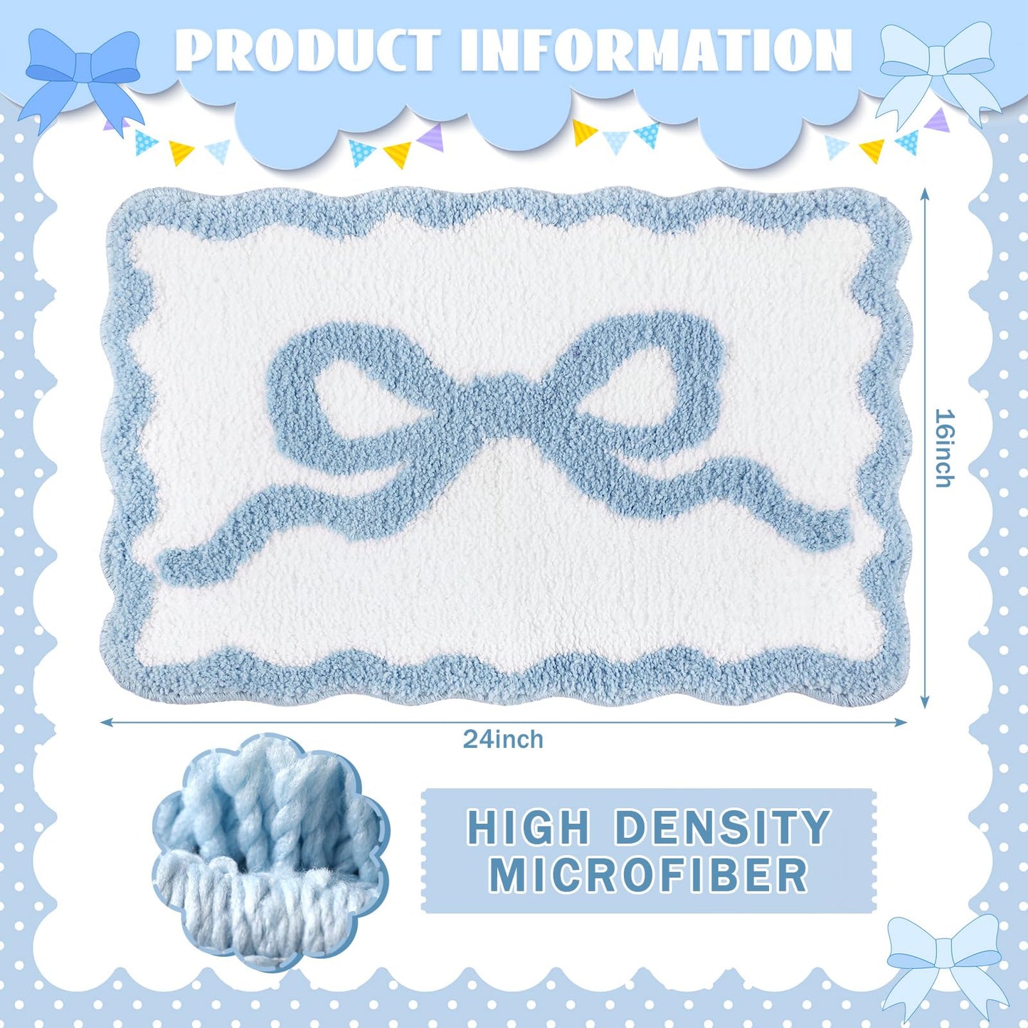 Cute Aesthetic Scalloped Bow Bathroom Mat Non Slip Coquette Bow Rug