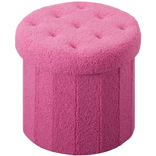 Round Storage Ottoman Foot Stool, Faux Teddy Tufted Ottoman with Storage, Foot Rest for Living Room Bedroom or Dorm 13.7x13.7x13 inches