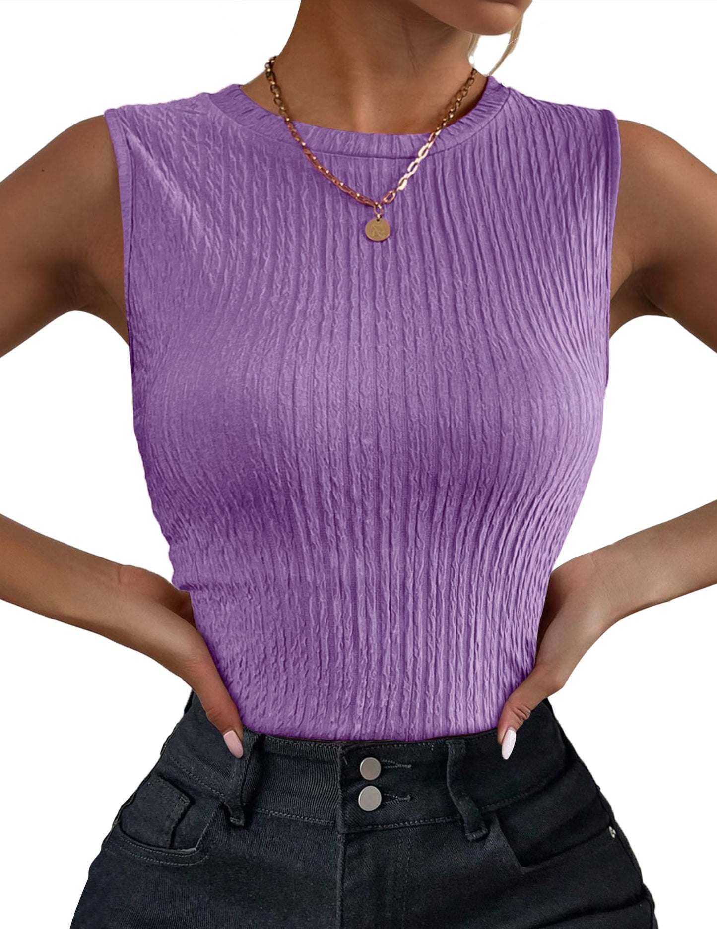 Women's High Neck Tank Top Ribbed Knit Slim Fitted Basic Textured Sleeveless Shirts