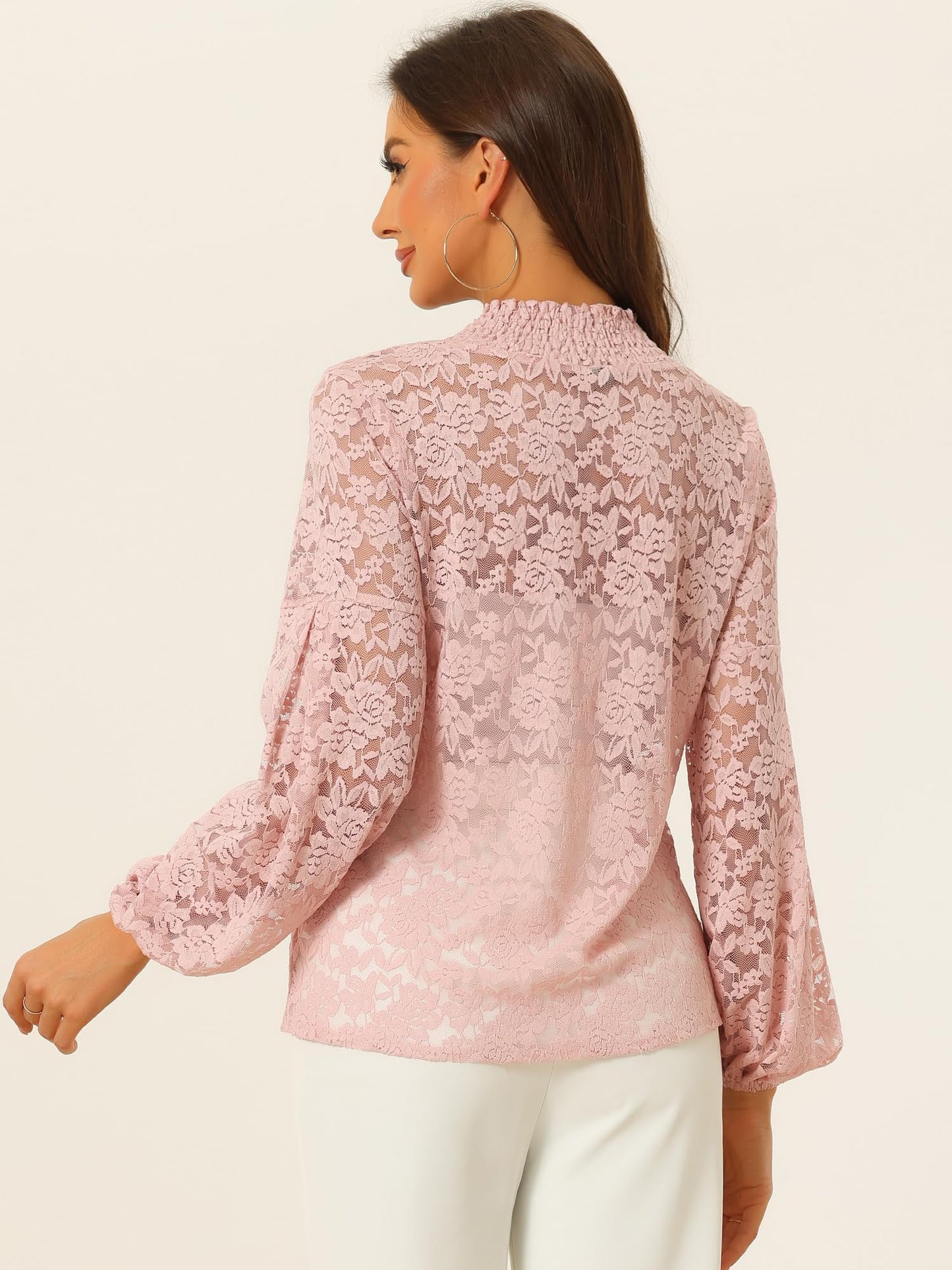 Floral Lace Top Turtleneck Puff Long Sleeve See Through Sheer Blouse