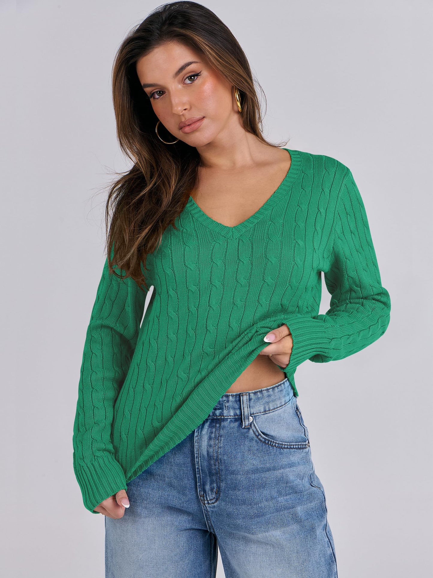 Women's Long Sleeve V Neck Cable Knit Sweater Jumper