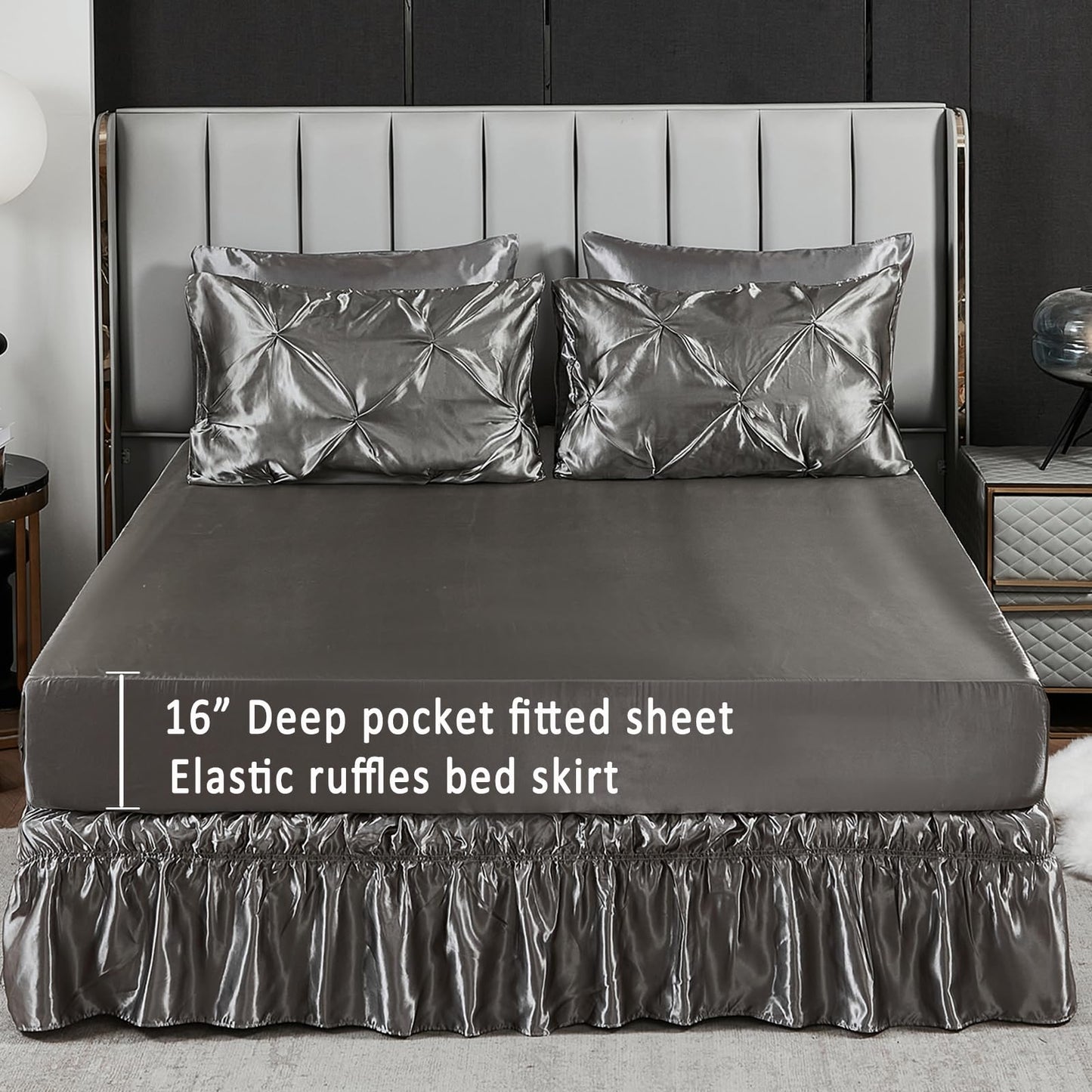 Pinch Pleat Bedding Set - Pin-tuck Luxury Bed Comforter Set 10 Pcs, Soft Silky Down Comforter Bed Set Satin with Sheets