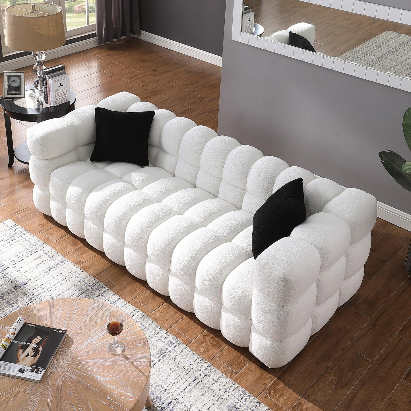 Modern Sofa Couch with Metal Legs Upholstered Tufted 3 Seater Couch with 2 Pillows Decor