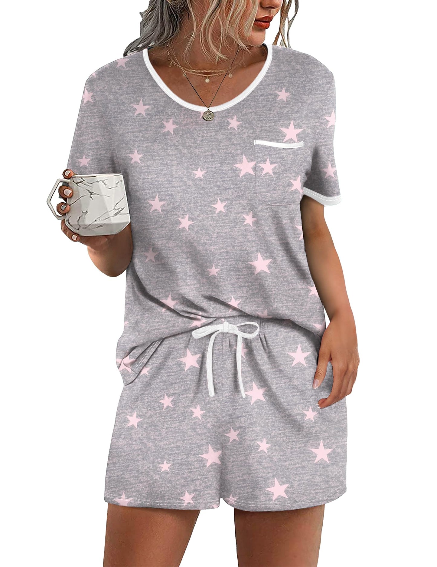 Pajama Set for 2 Piece Lounge Set Short Sleeve Tops and Shorts Soft Sleepwear, Chest Pocket