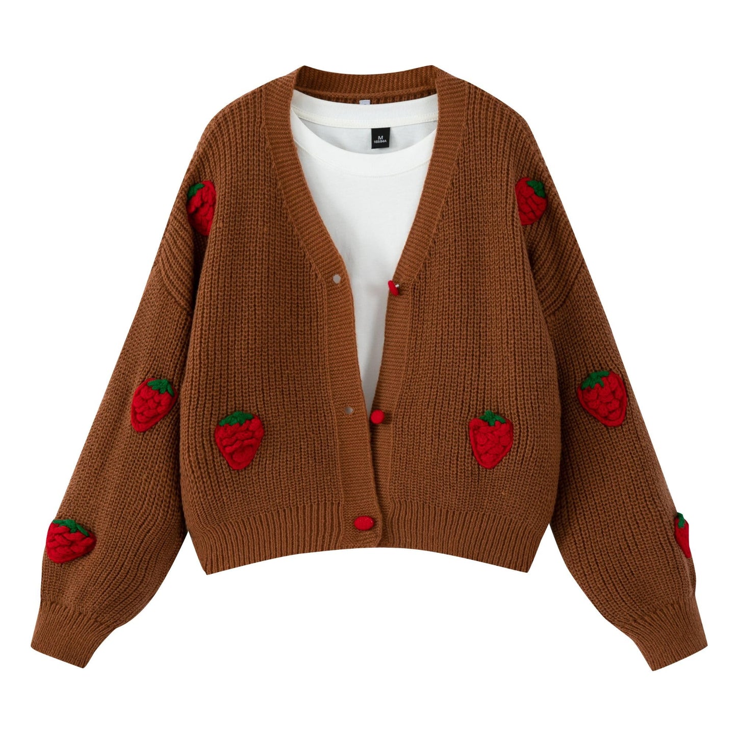 Women’s Kawaii Strawberry Embroidered Cardigan Long Sleeve V Neck Chunky Knitted Cardigans