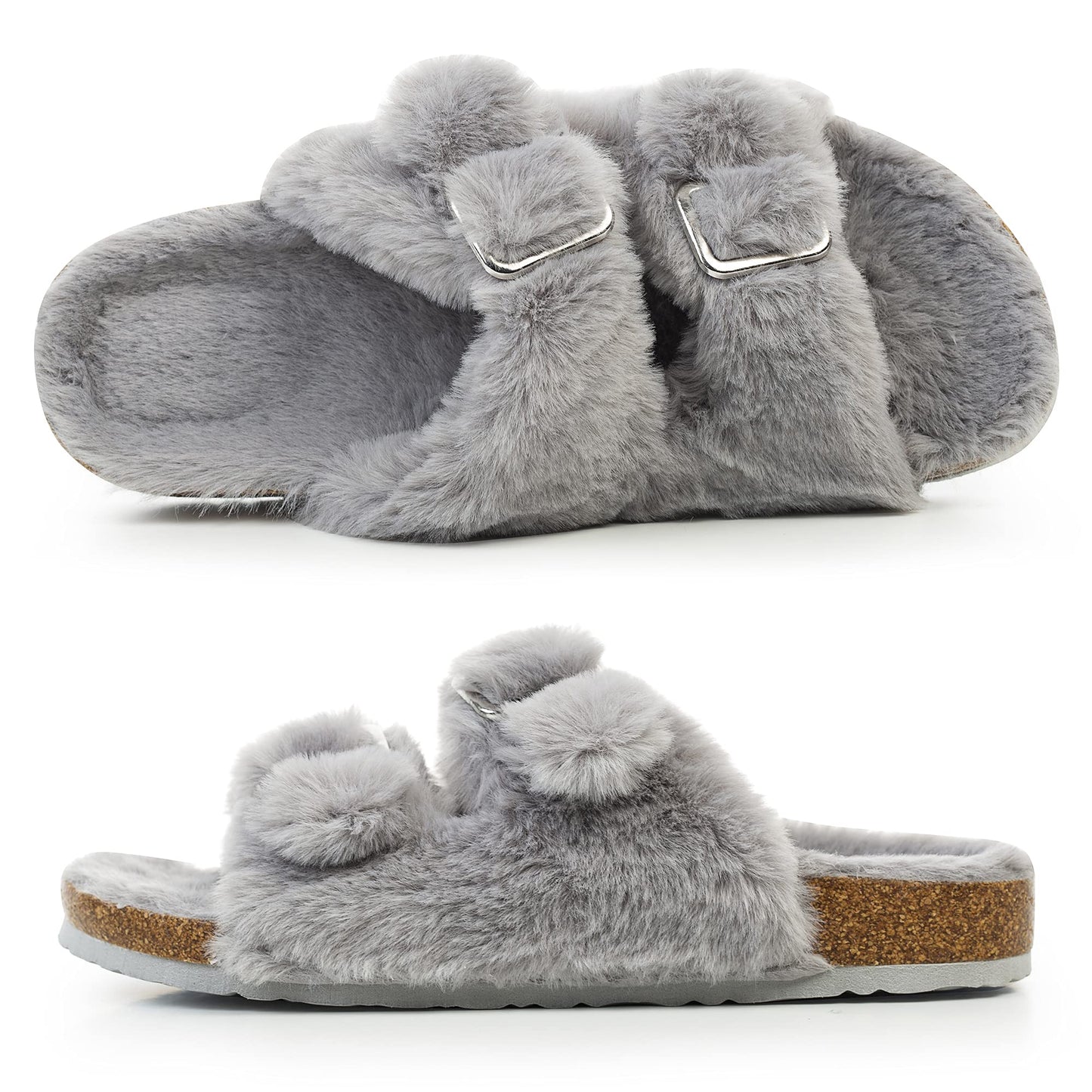 Womens Open Toe Slipper with Cozy Lining, Faux Fur Slide Sandals