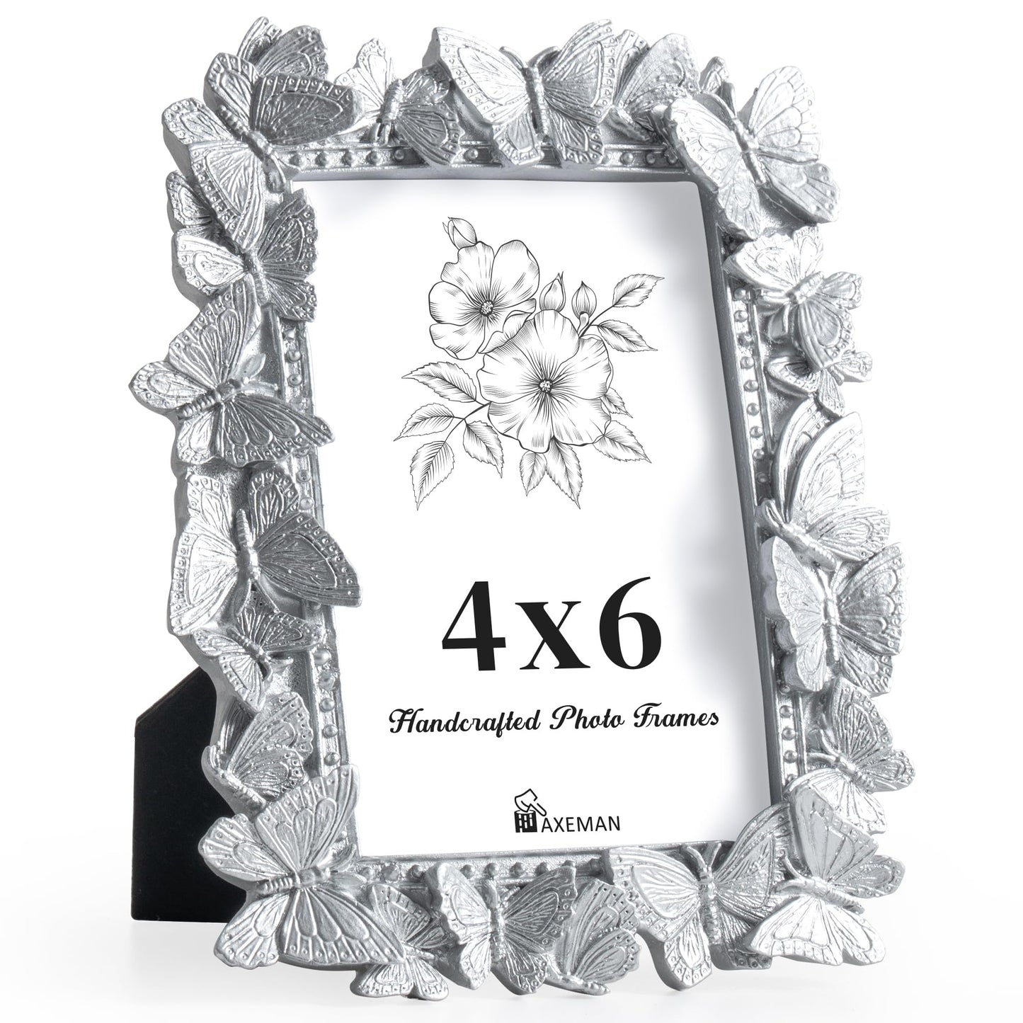 Picture Frame with High Tempered Glass, Butterfly Textured Hand-Crafted Resin Cute Photo Frame with Easel & Hook for Tabletop & Wall Display