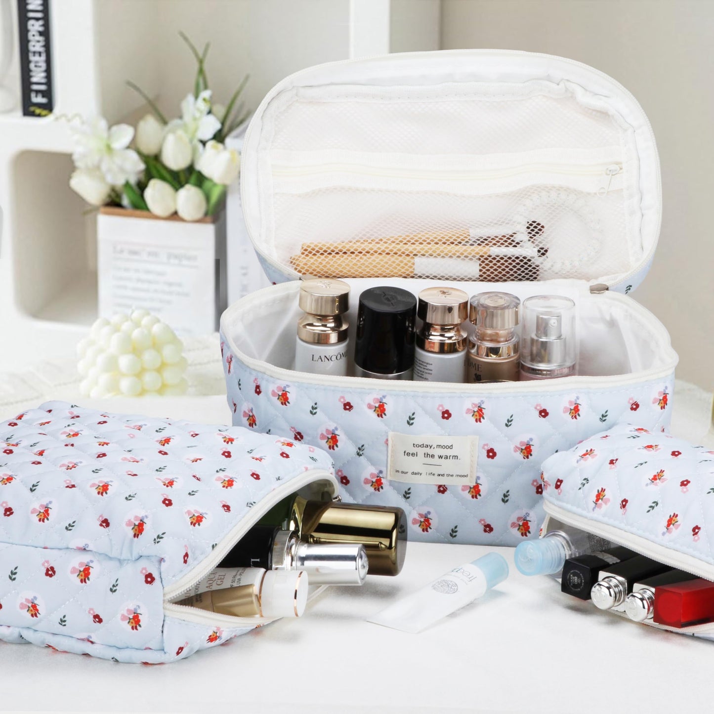 Quilted 3-Piece Makeup Bag Set – Large Coquette Aesthetic Cotton Cosmetic and Travel Toiletry Organizers