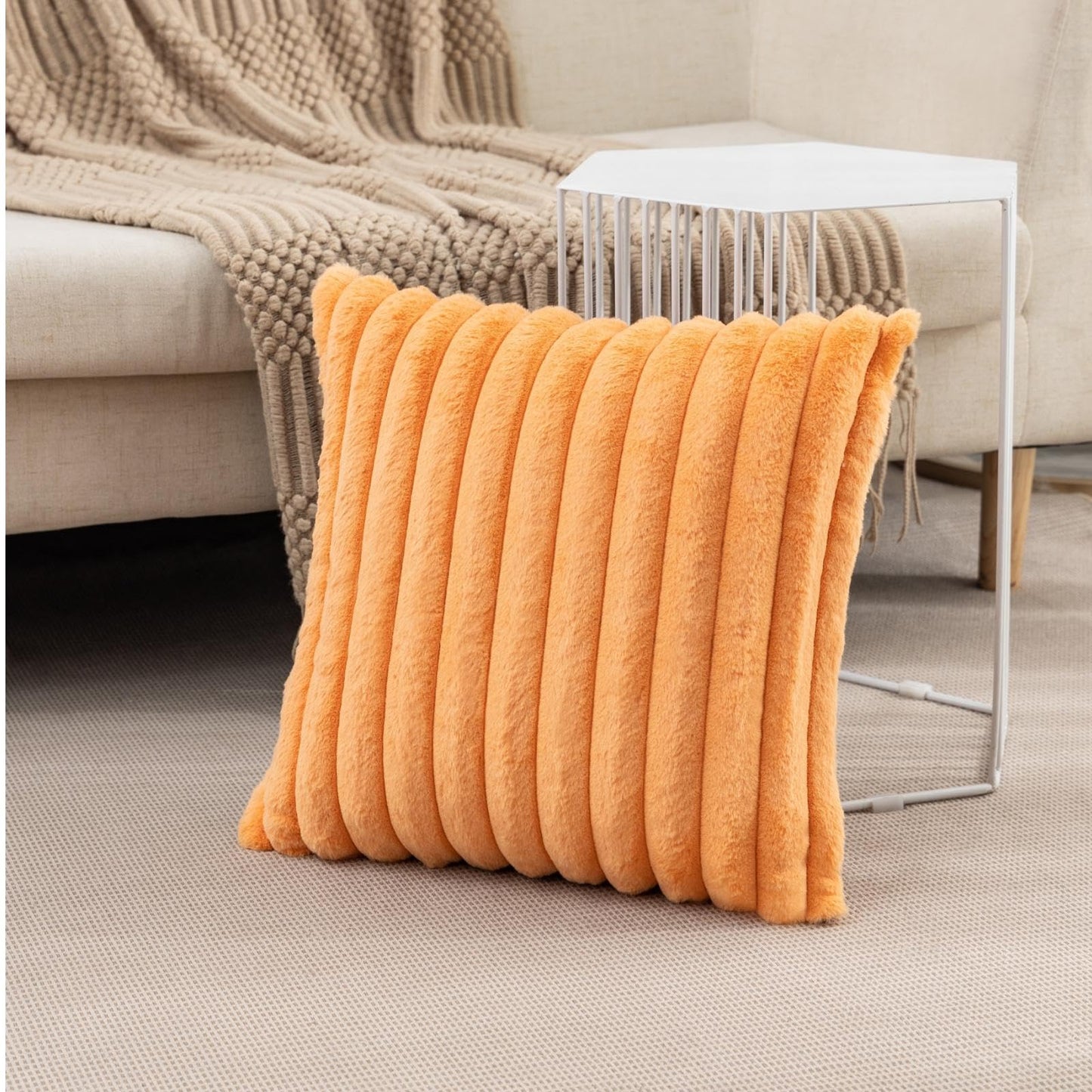 Set of 2 Fluffy Faux Fur Striped Pillow Covers – Decorative Cushion Cases