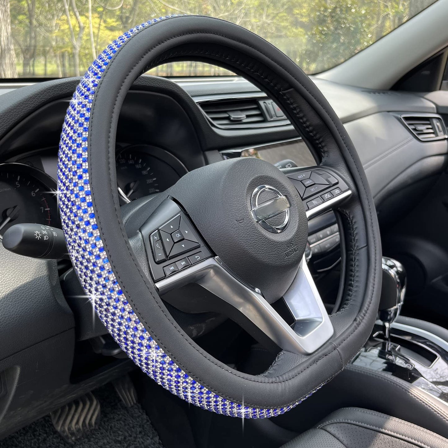 Universal Bling Bling Comfy Steering Wheel Cover with Jumbo Crystal Rhinestones, Anti-Slip Diamond Leather, 14.5-15 Inch