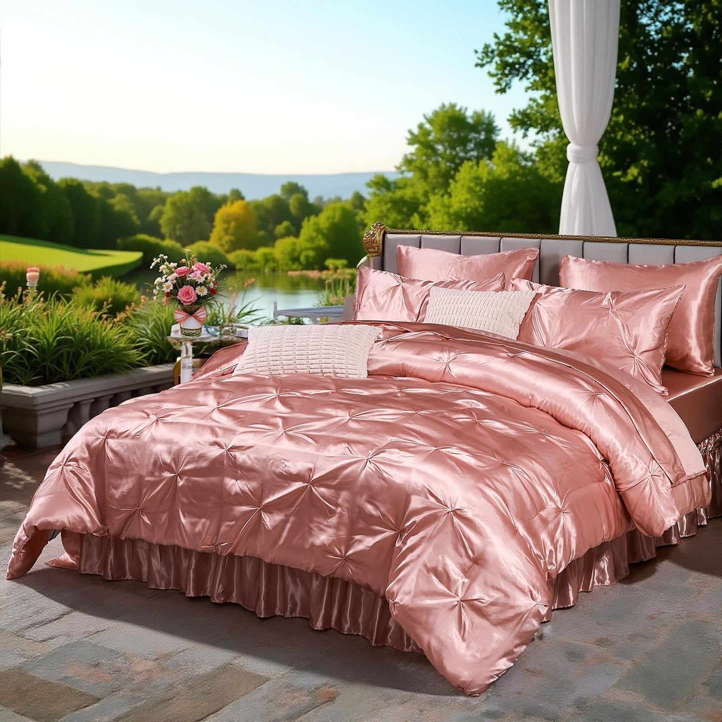 Pinch Pleat Bedding Set - Pin-tuck Luxury Bed Comforter Set 10 Pcs, Soft Silky Down Comforter Bed Set Satin with Sheets