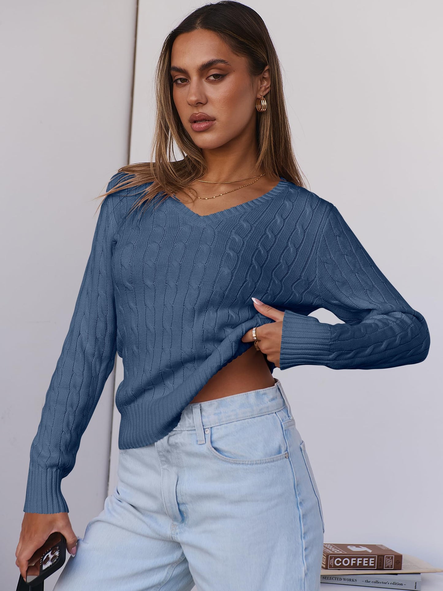 Women's Long Sleeve V Neck Cable Knit Sweater Jumper