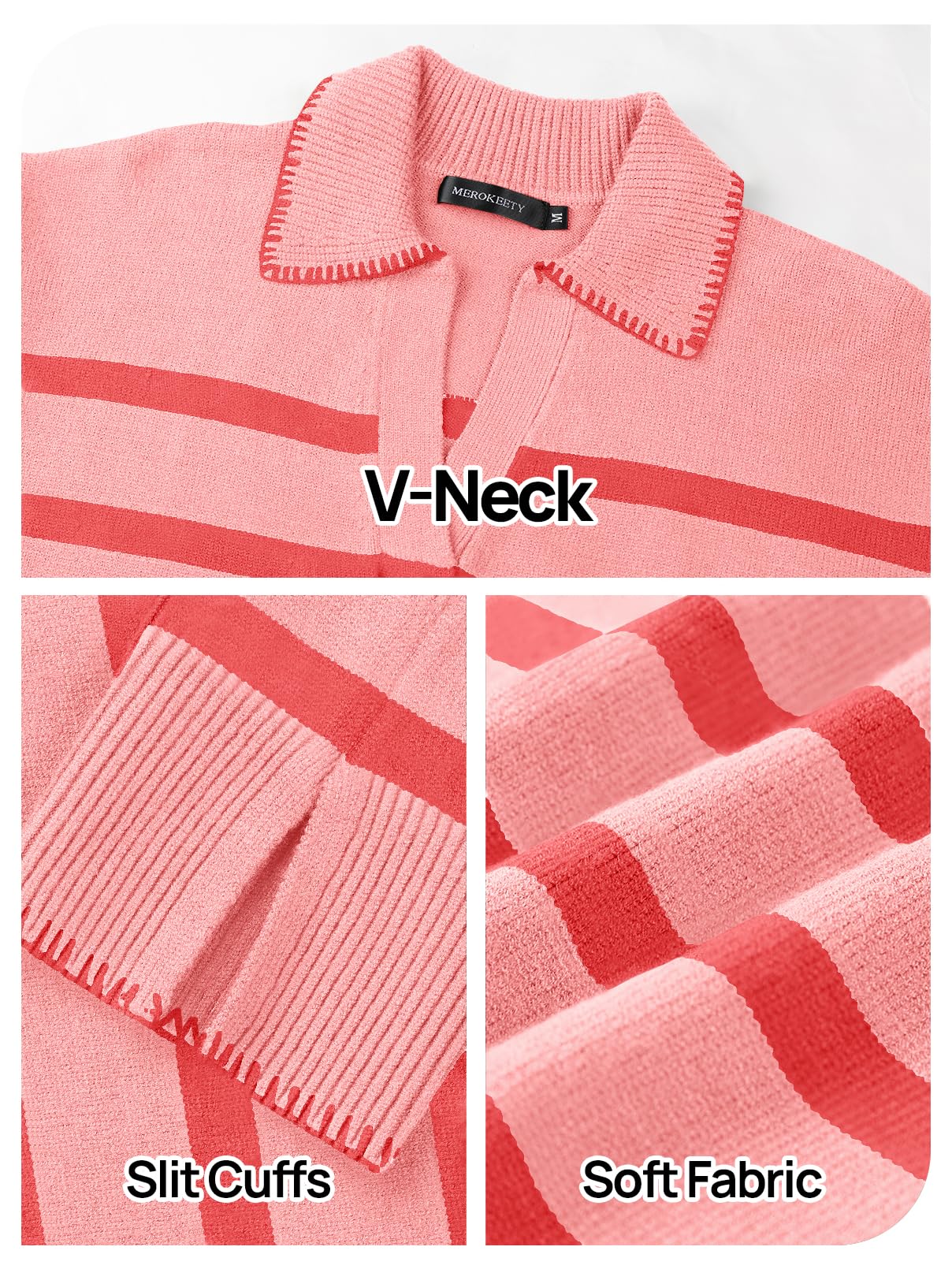 Women's Oversized Striped Sweater Collared V Neck Long Sleeve Knit Pullover