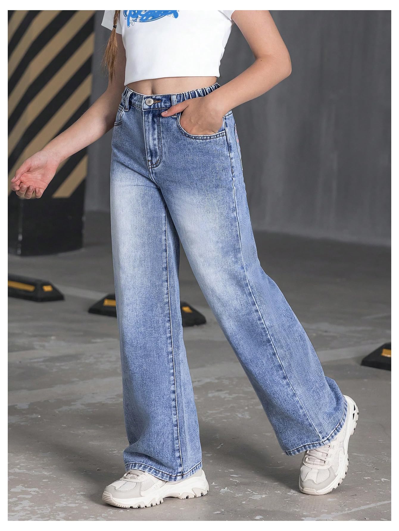 Girl's Bow Print Back Zipper Fly Elastic High Waist Denim Pants Basic Wide Leg Jeans