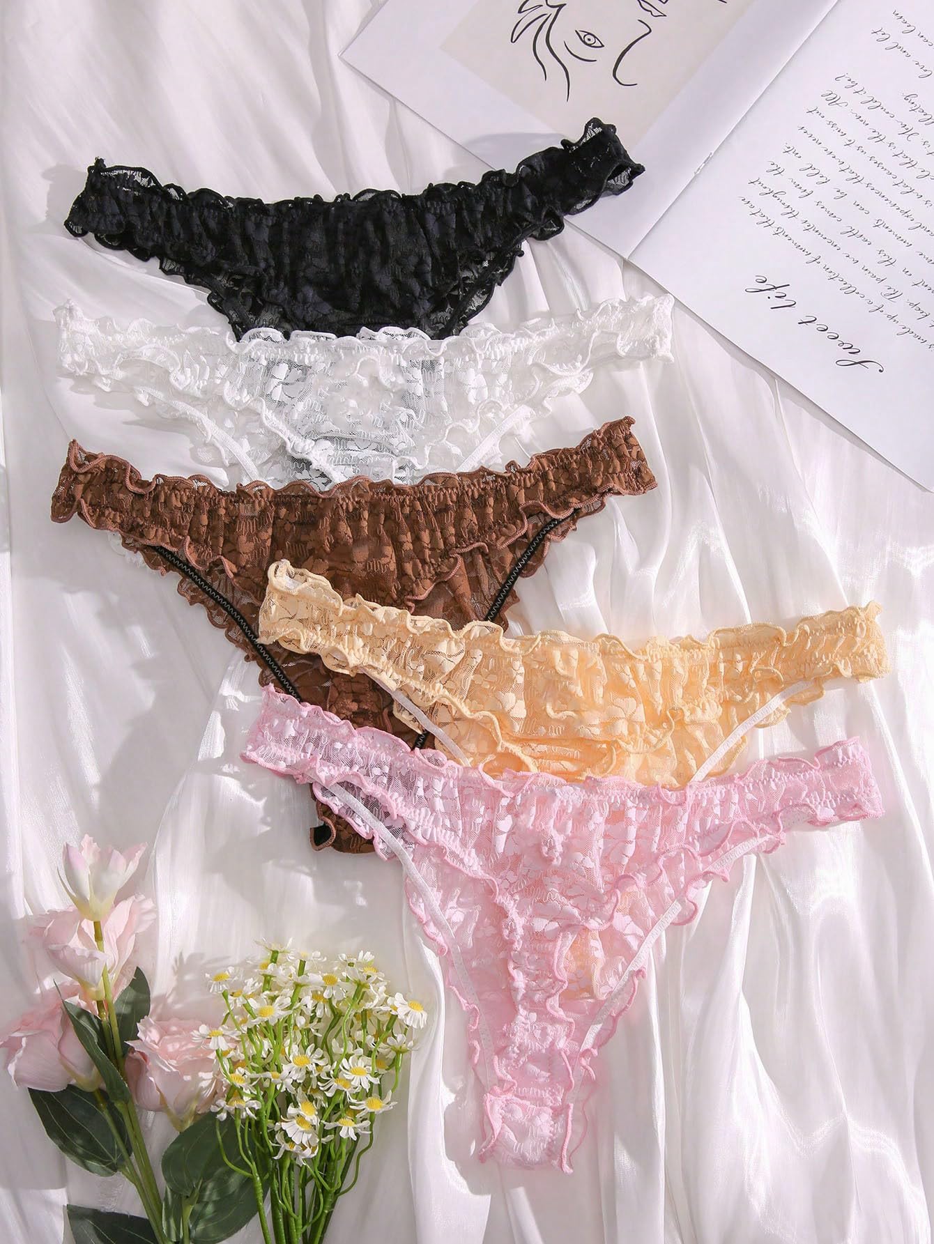 Women's 5pack Floral Print Low Rise Panty Set Frill Trim Textured Soft Underwear