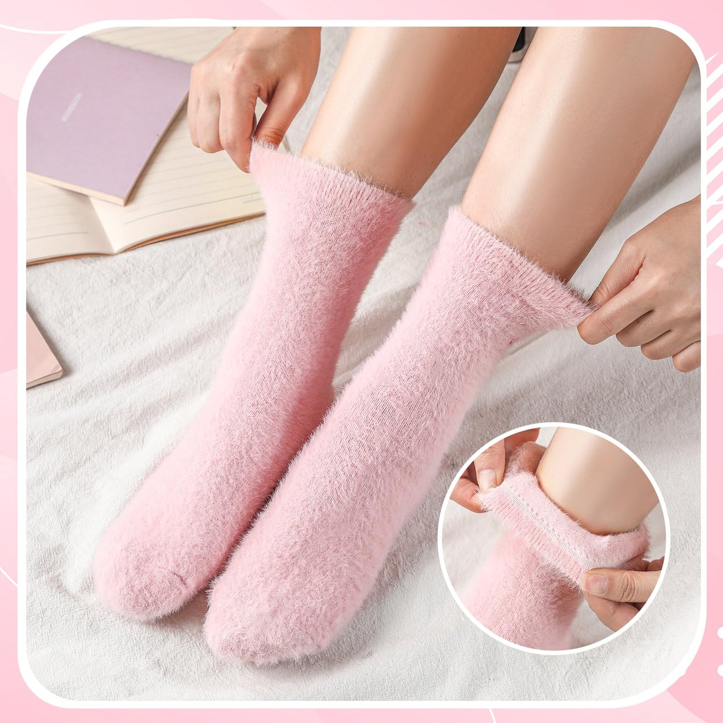 Women's Bow Fuzzy Socks Winter Crew Slipper Socks Coquette 5 Pcs