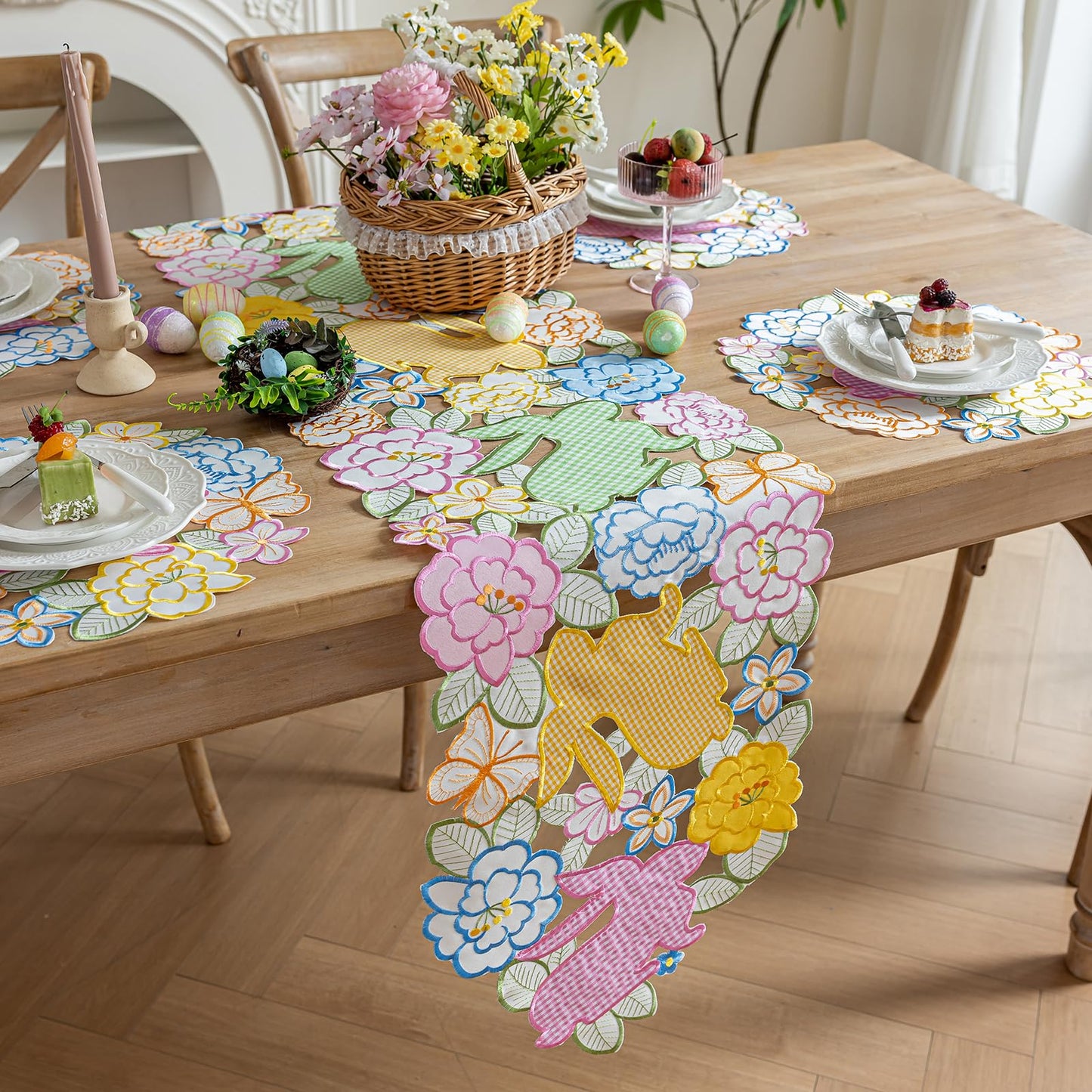 Cutwork Embroidered Plaid Easter Rabbits Florals Table Runners, Placements Dining Home Table Decorations