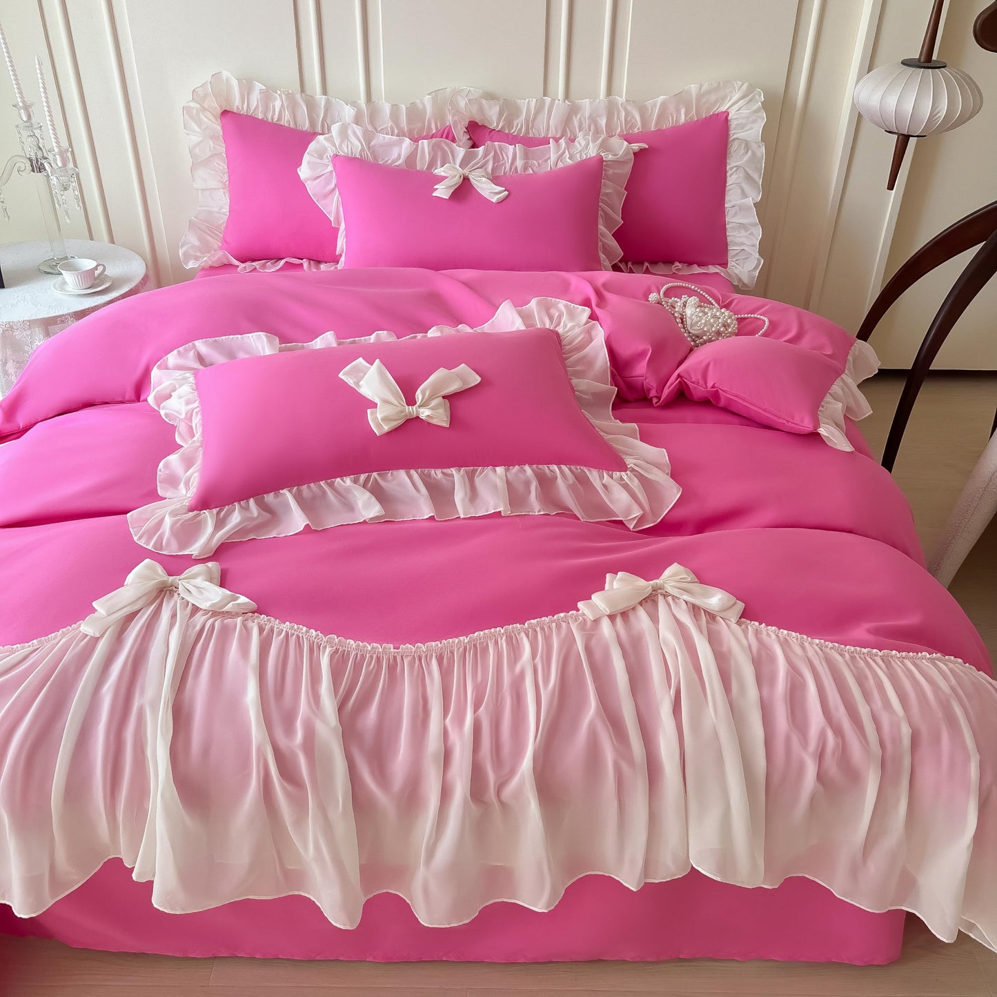 Princess Style Lace Bedding Comforter Cover Set, Chic Ruffled Duvet Cover with Lovely Bow, 1 Duvet Cover with 2 Pillowcases, No Comforter