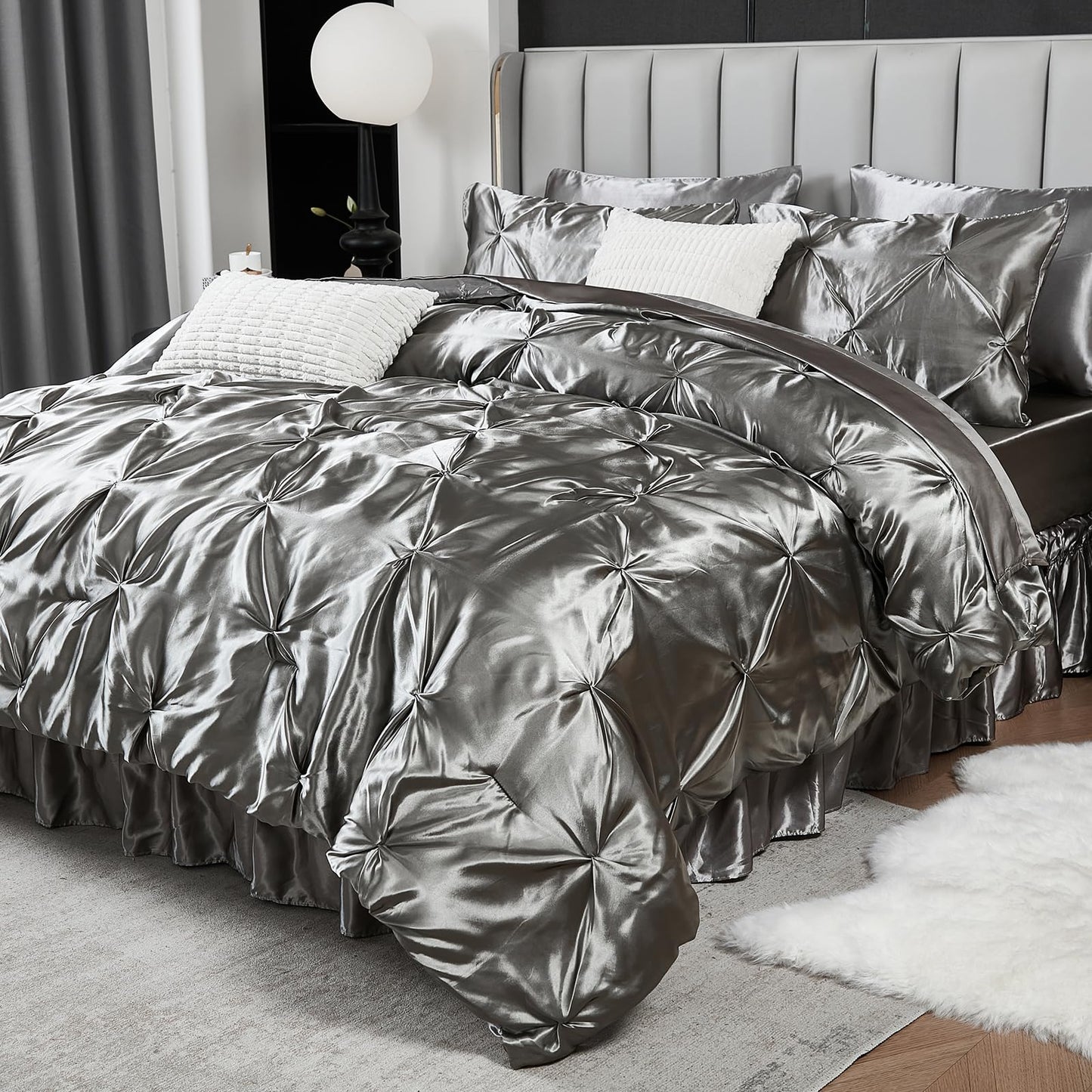 Pinch Pleat Bedding Set - Pin-tuck Luxury Bed Comforter Set 10 Pcs, Soft Silky Down Comforter Bed Set Satin with Sheets