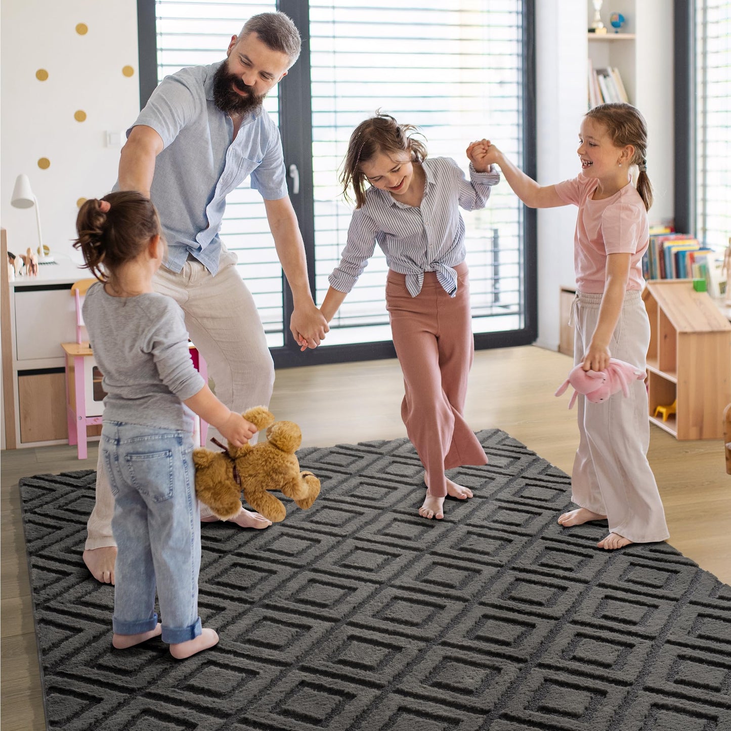 Geometric Memory Foam Rugs - Fluffy Checkered Shaggy Area Rug, Non-Slip Washable Modern Indoor Carpet