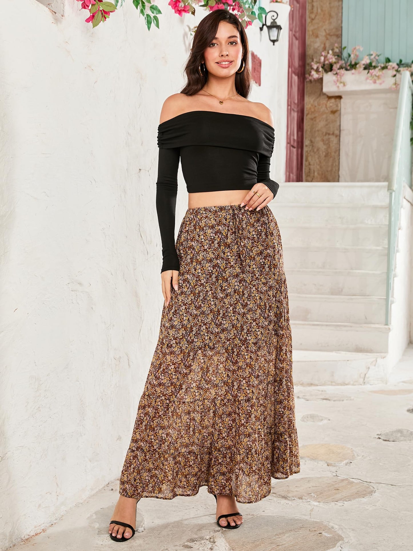 Women's Casual High Elastic Waist Ruffle Boho Pleated A-line Long Maxi Skirt