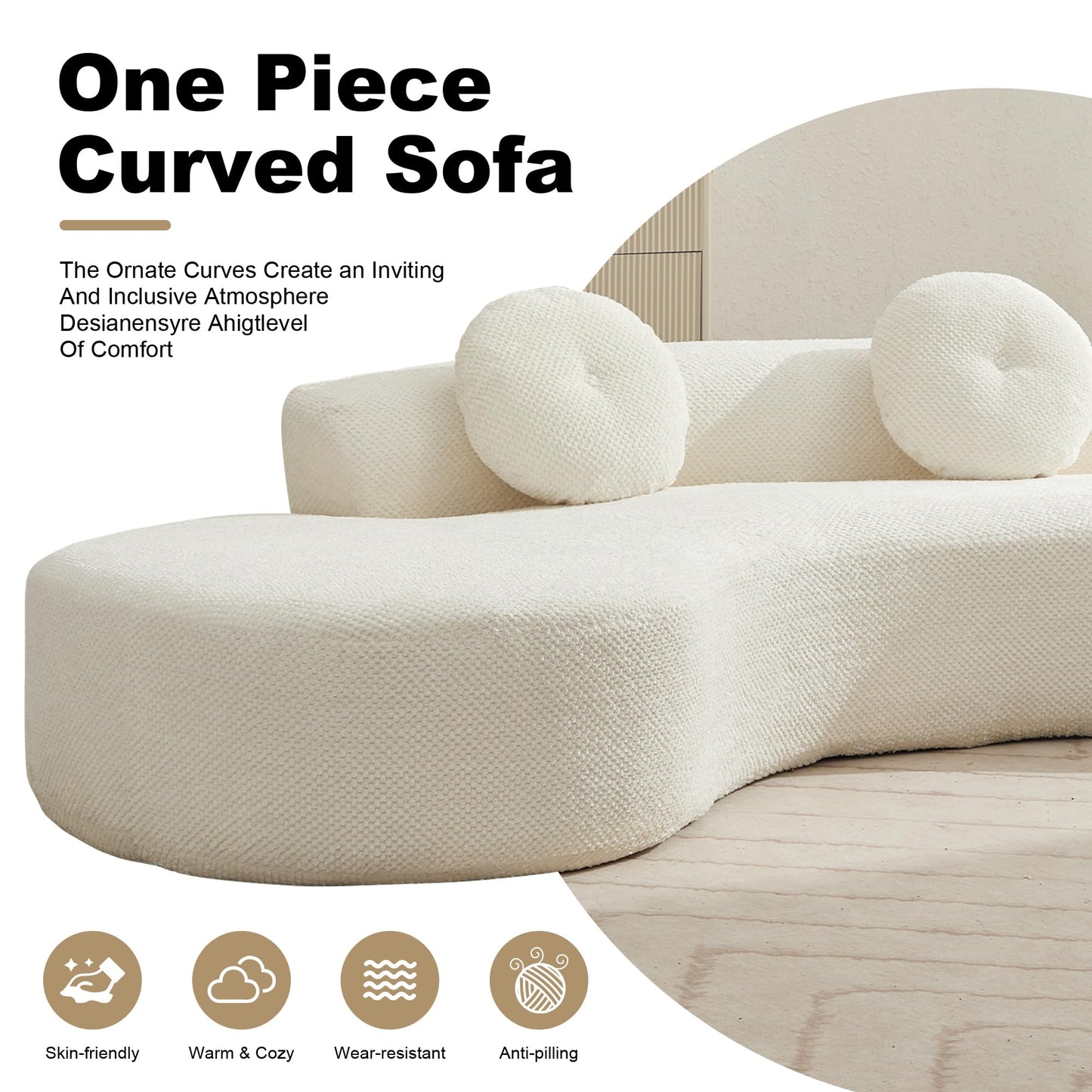 Oversize Sponge Curved Sofa - Modern Minimalist Corduroy Anti-Wrinkle Sofa,Cloud Couch 3-Seater Couch w/2 Pillows 106''