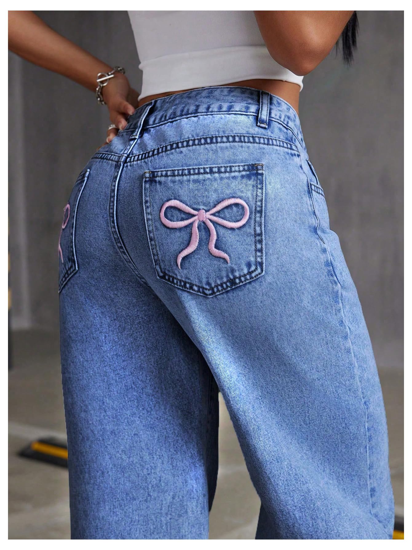 Women's Bowknot Embroidery Jeans - Y2k Straight Leg Boyfriend Denim Pants