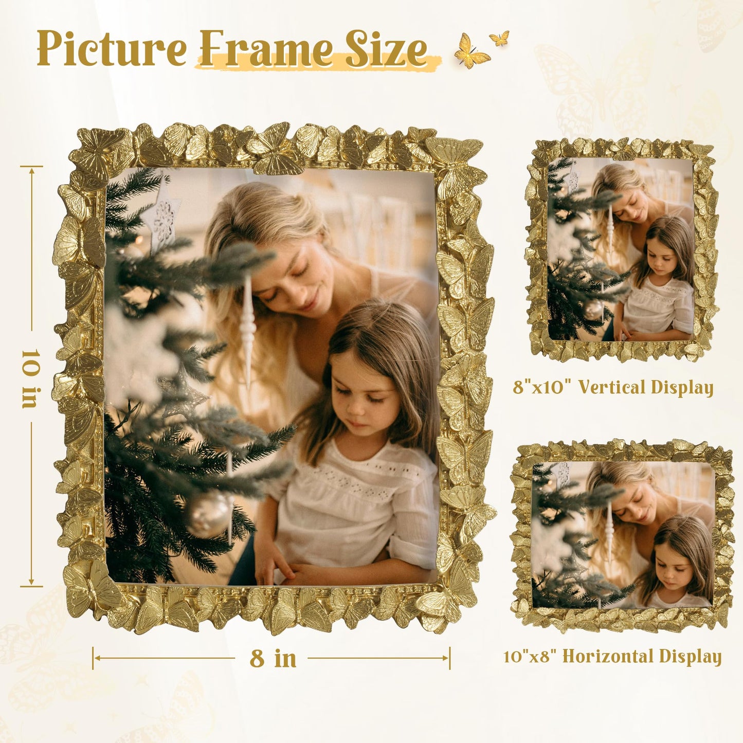 Picture Frame with High Tempered Glass, Butterfly Textured Hand-Crafted Resin Cute Photo Frame with Easel & Hook for Tabletop & Wall Display