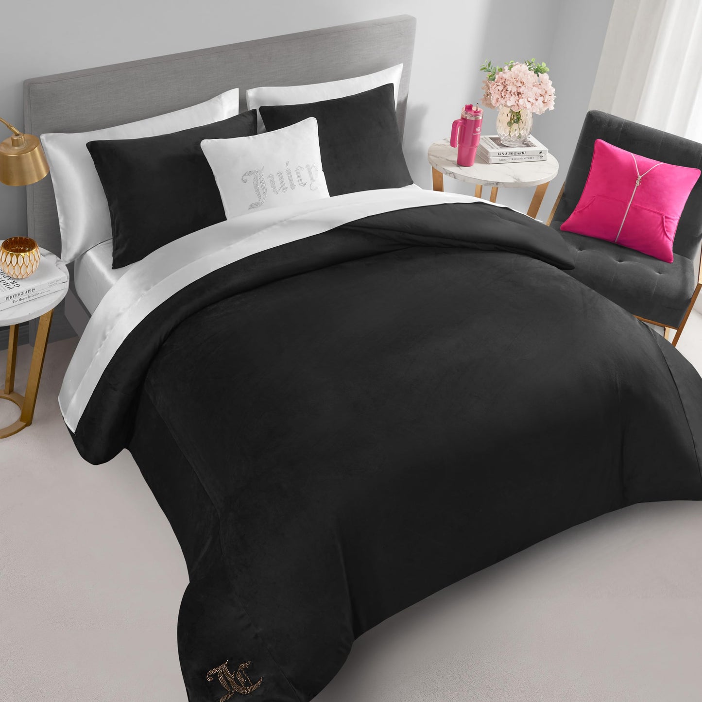 Juicy Couture Solid Velour 3-Piece King Comforter Set – Luxurious Bedding Ensemble