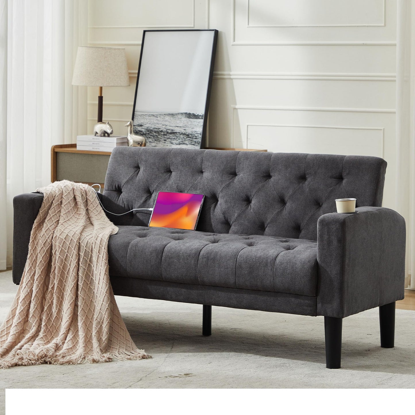 Loveseat Sofa w/ 2 USB Charger Ports and 2 Cupholders, Mid-Century Modern Tufted Pink Velvet