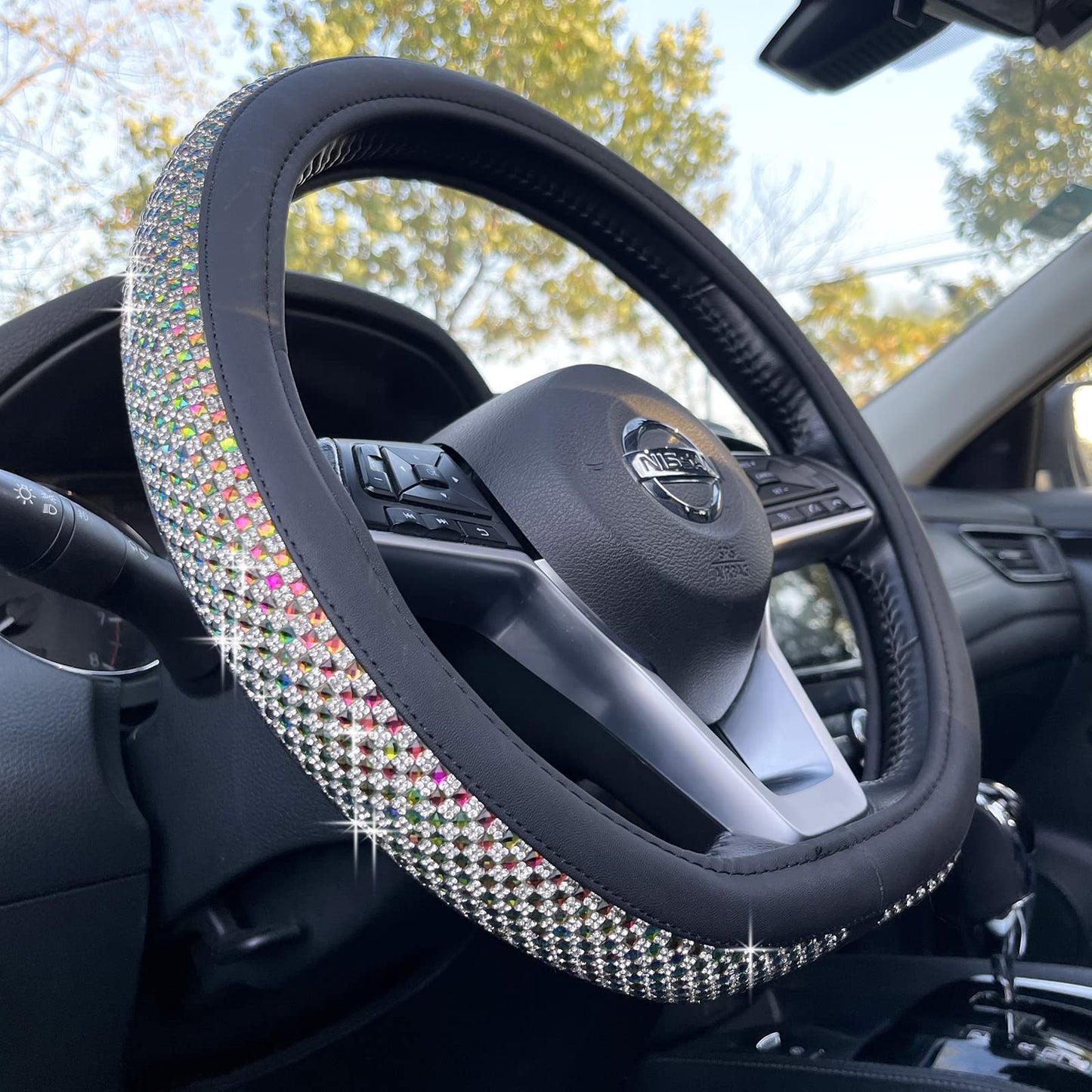 Universal Bling Bling Comfy Steering Wheel Cover with Jumbo Crystal Rhinestones, Anti-Slip Diamond Leather, 14.5-15 Inch