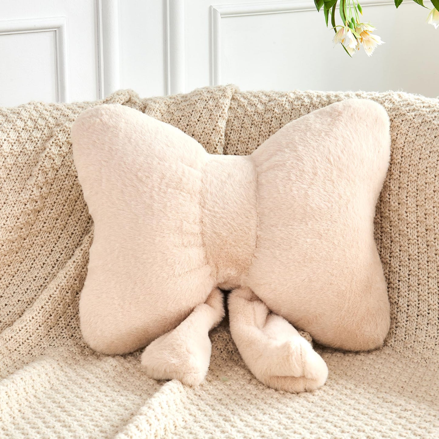 Bow Pillow, Soft Bow Decorative Pillows with Faux Rabbit Fur