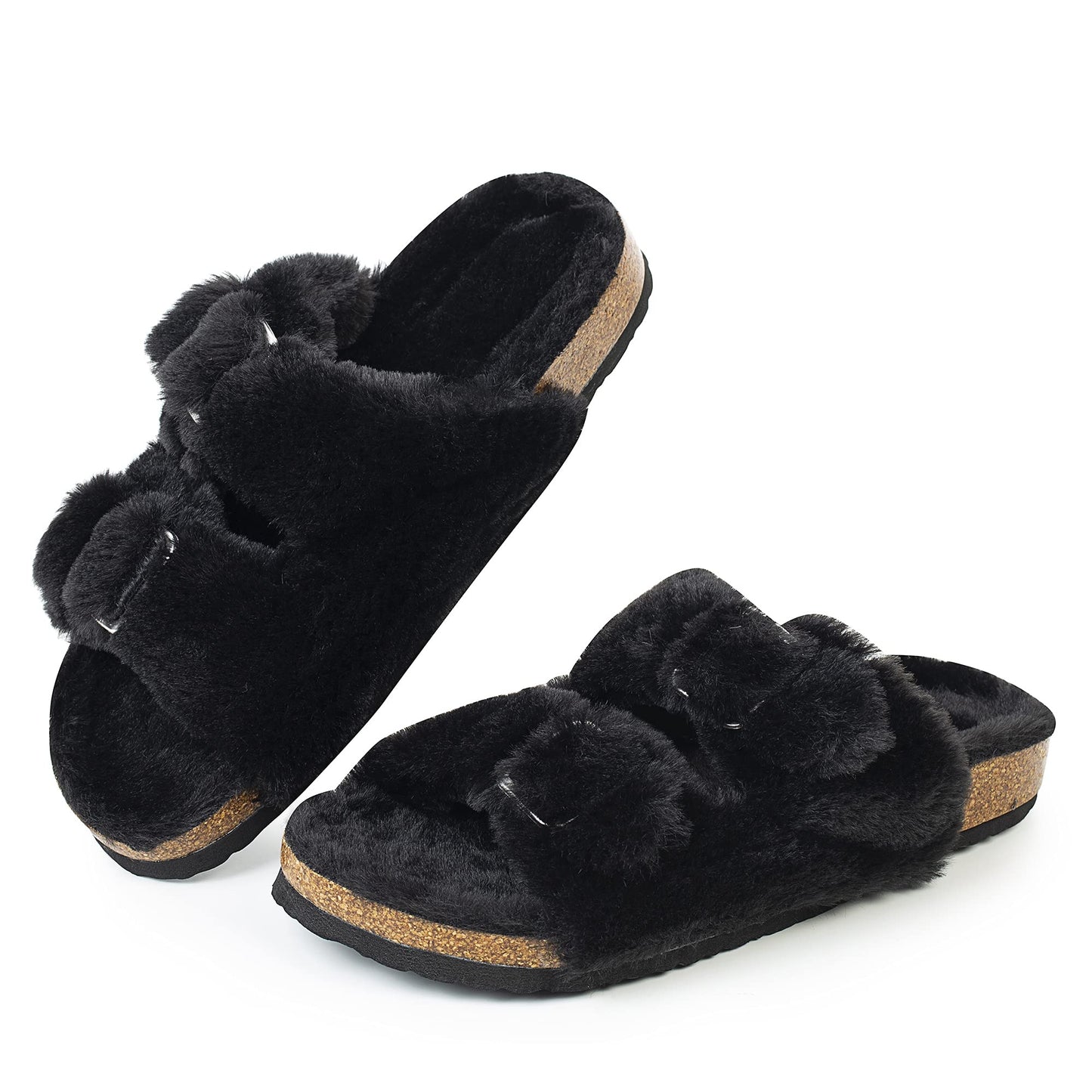 Womens Open Toe Slipper with Cozy Lining, Faux Fur Slide Sandals