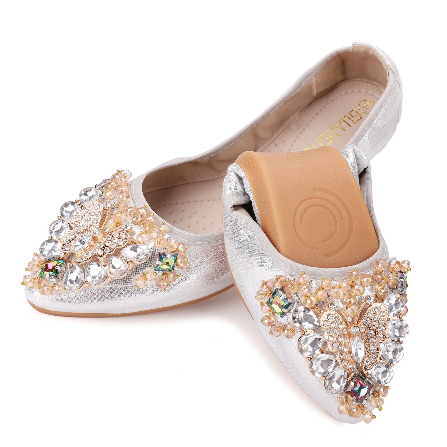 Womens Foldable Ballet Flats Bling Rhinestone Pointed Toe Comfort Slip On Loafers