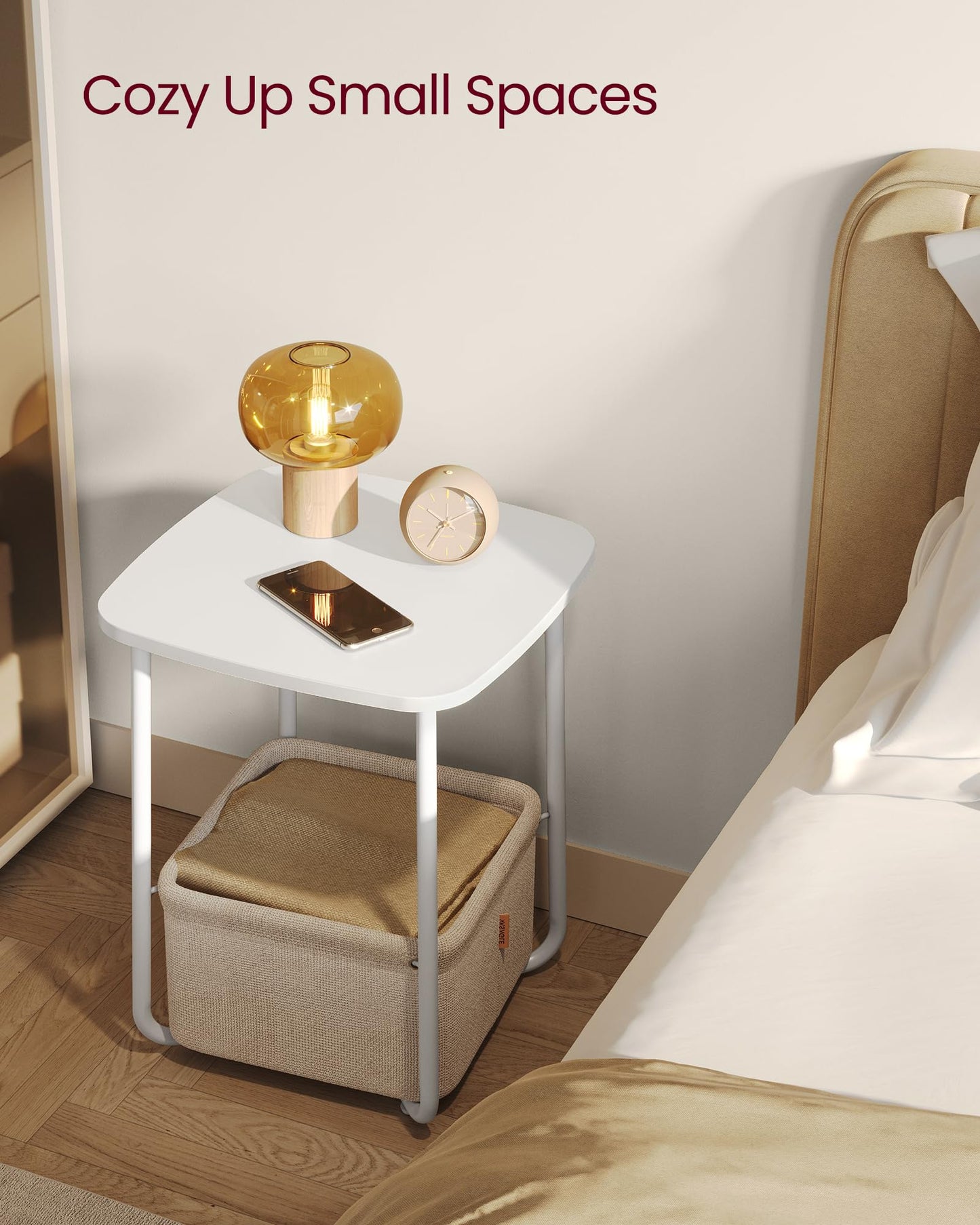 Small Bedside Table with Fabric Basket, Modern Nightstand, Round Side Table