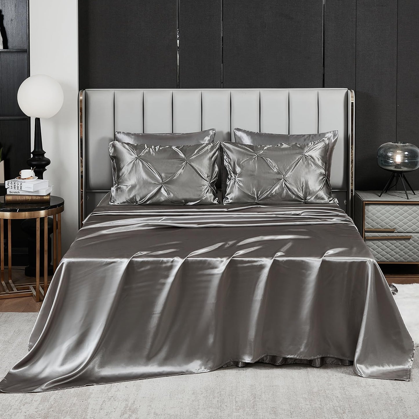 Pinch Pleat Bedding Set - Pin-tuck Luxury Bed Comforter Set 10 Pcs, Soft Silky Down Comforter Bed Set Satin with Sheets