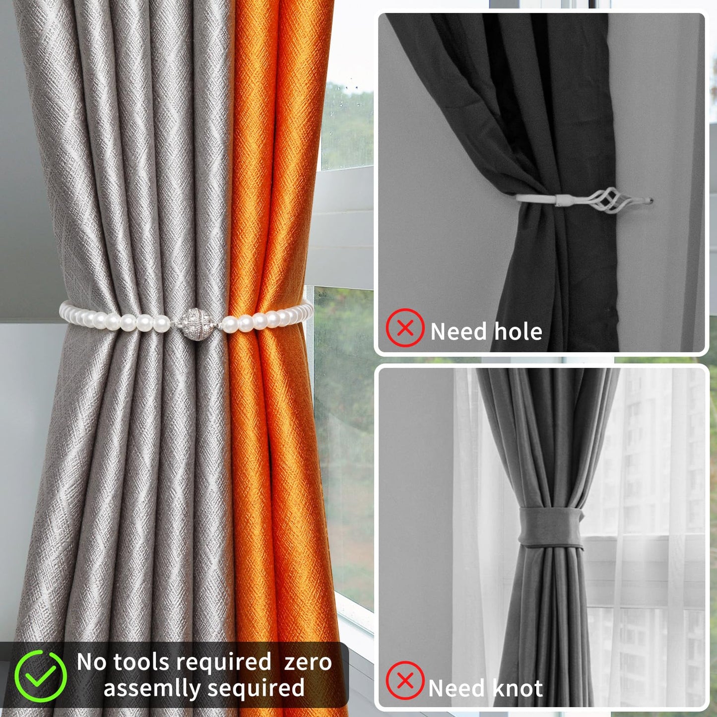 Magnetic Tiebacks for Curtains, 2 Pack Bow Pearl Curtain tiebacks - Curtain Buckle Clips with High-Elastic Spring Wire,Curtain Holders for Curtains