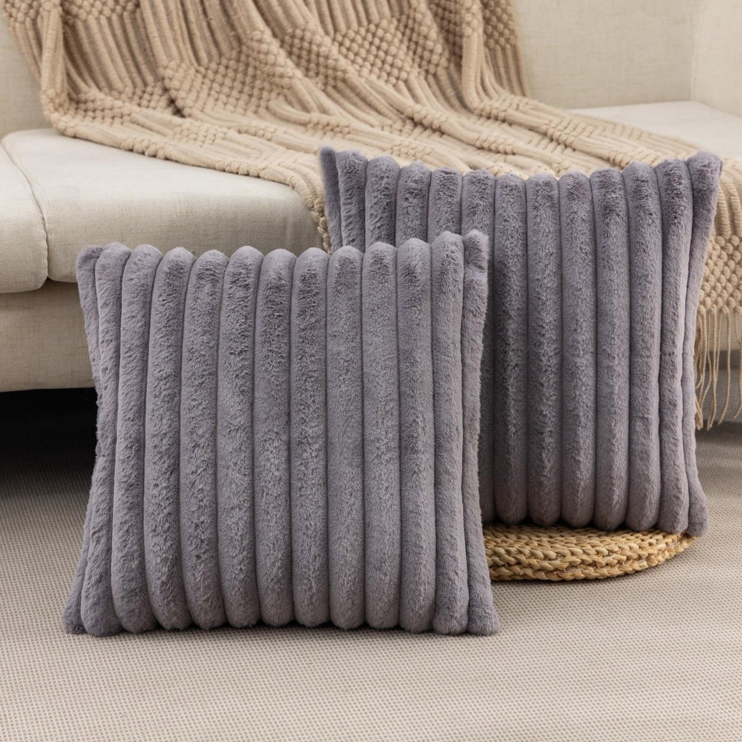 Set of 2 Fluffy Faux Fur Striped Pillow Covers – Decorative Cushion Cases